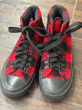Converse Woolrich Plaid High Top Sneakers Red Black Mens 6.5 Women 8